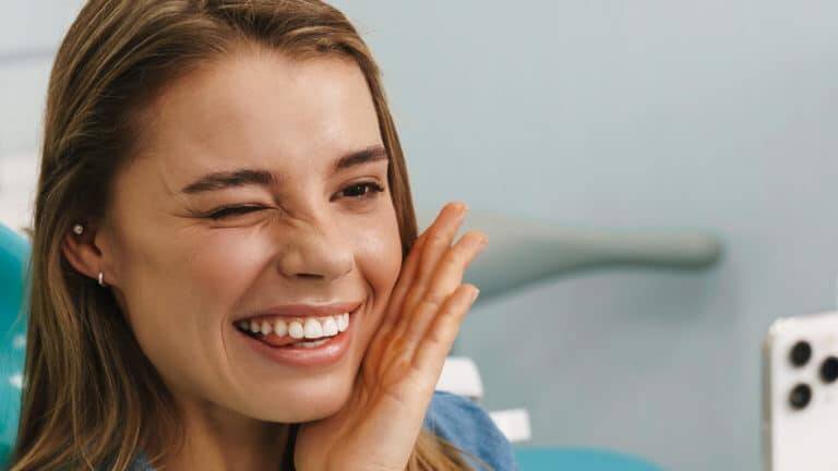 A woman blinking